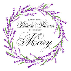 Bridal Shower invitation card with vintage watercolor lavender. Watercolor.Vector illustration. Illustration for greeting cards, invitations, and other printing projects.
