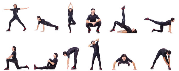 Young man doing exercises on white