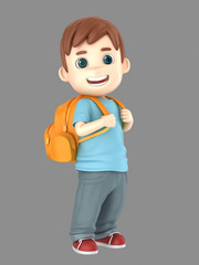 3d illustration of a cute boy ready for school carrying a back pack