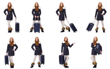 Obraz premium Woman with suitcase preparing for winter vacation