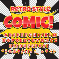 Creative high detail comic font. Alphabet in the style of comics, pop art