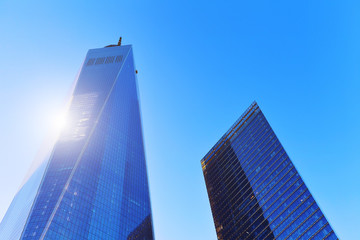 Looking up at skyscrapers in New York City