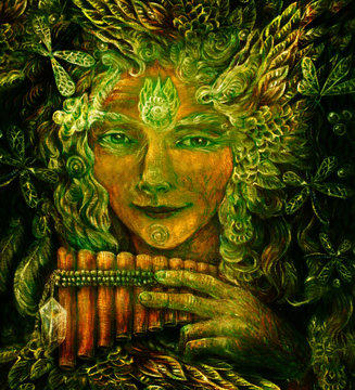 forest fairy shaman with panflute and crystal, detailed colorful illustration