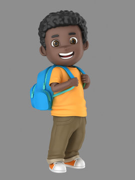3d illustration of a cute african american boy ready for school carrying a back pack