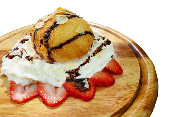 Fried Ice Cream on wood plate on  white background