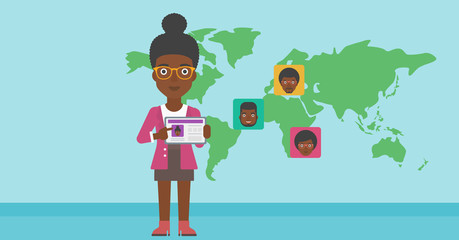 Woman holding tablet with social network.