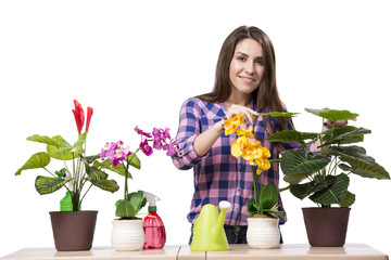 Young woman taking care of home plants