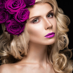 Fototapeta na wymiar Beautiful blond girl in dress and hat with roses, classic makeup, curls, red lips. Beauty face.