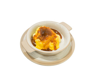 Mashed potatoes with cheese isolated on the white background wit