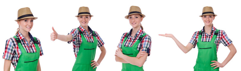 Collage of woman wearing green coveralls isolated on white