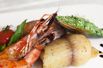 Grilled seafood mix on white background closeup. Roasted shrimp, fish and mussel on plate. Mediterranean meal
