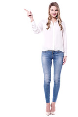 Woman pointing her finger at something.