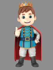3d illustration of a cute prince showing thumbs up sign