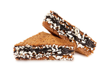 Cake decorated with chocolate cream icing and white chips