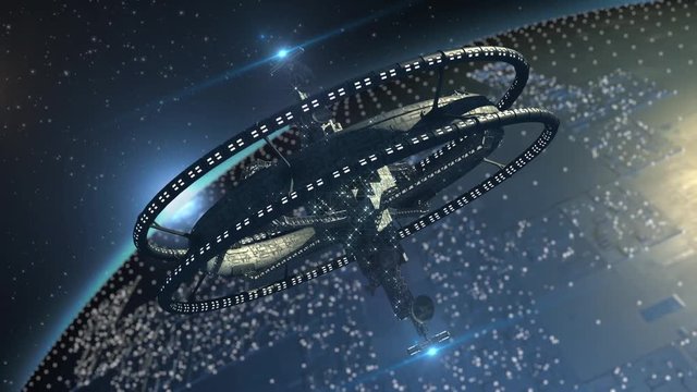 Interstellar spaceship, with triple gravitational rings and a central telecommunication structure, near an alien planet, for futuristic or fantasy backgrounds