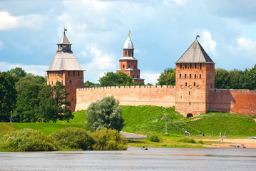 Russia. Walls, towers of the Veliky Novgorod Kremlin and Volkhov River