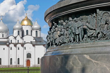 Russia. Veliky Novgorod. Fragment of Monument to the Thousand Years of Russia. On the background is...