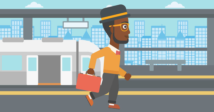 Man at the train station vector illustration.
