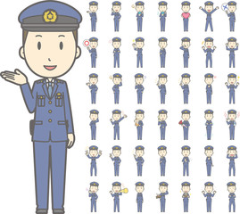 警察官の若い男性vol.1（案内・指差し・笑顔など, 様々な表情やポーズのイラストをセット）