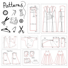 Big set of patterns of women clothes and elements of sewing.
