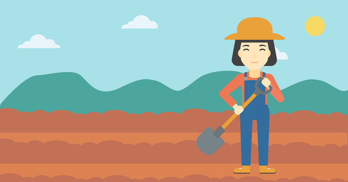 Female farmer with shovel vector illustration.
