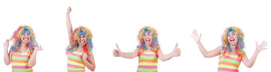 Woman with colourful wig isolated on white