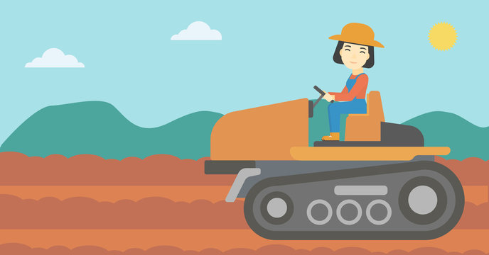 Female farmer driving tractor vector illustration.