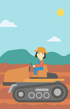 Female farmer driving tractor vector illustration.