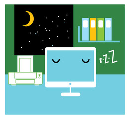 Sleeping computer in the office. Go green concept. Save energy. Vector illustration.