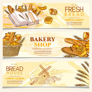 Bakery banner, fresh bread, bakery shop, bakery basket