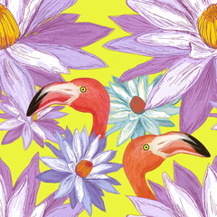 Flamingos in tropical colors seamless pattern vector