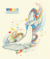 Fototapeta premium Whale dives into the water whale art hand drawn vector