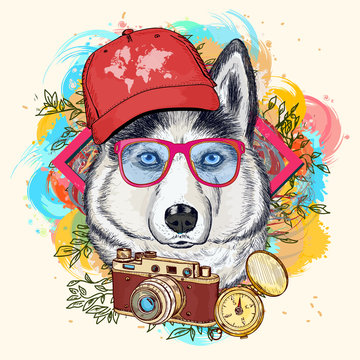 Husky hipster art print hand drawn animal illustration