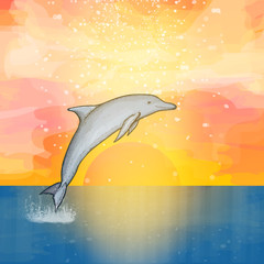 Beautiful dolphin jumped from sea wave at sunset vector © intueri