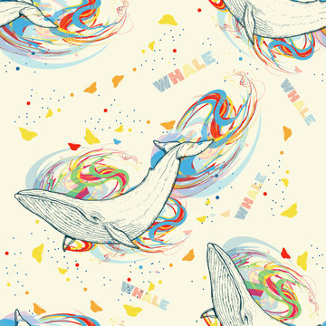 Whales seamless pattern hand drawn vector. Marine background