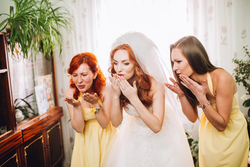 Funny photo of the bride and bridesmaids in the room. Bride with red hair. Bridesmaids in th same...