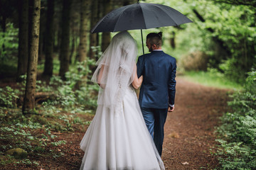 Beautiful bride and groom walking under umbrella at park. Bride with red hair. Pine forest....