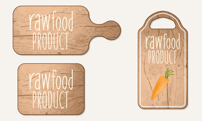 Wooden breadboard with the words raw food product