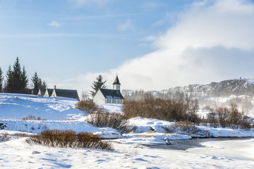 Old Icelandic Church in winter. Thingvellir National Park. First Parliament.