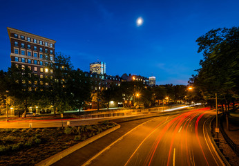 Fototapeta premium Long exposure of traffic along Storrow Drive at night, in Beacon
