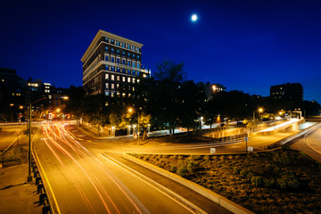 Fototapeta na wymiar Long exposure of traffic along Storrow Drive at night, in Beacon