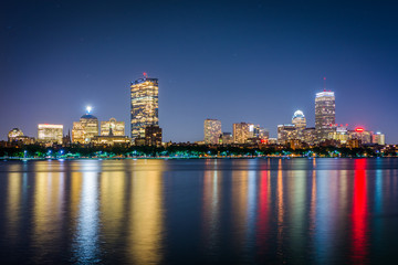 The Charles River and buildings in Bay Back at night, seen from