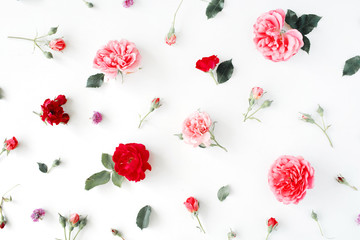 Roses and green leaves on white background. Flat lay, top view