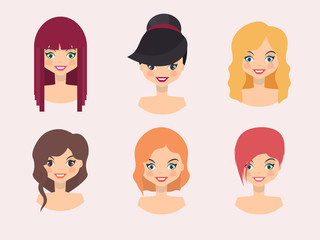 Young women faces with different hair color and hairstyles. Flat design style. 