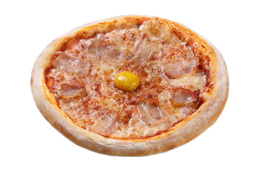 Pizza with cheese, bacon, egg and tomato sauce