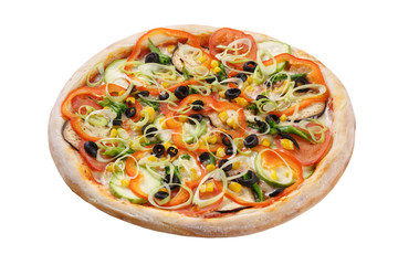 Vegetable pizza with tomatoes, aubergines, courgettes, peppers a