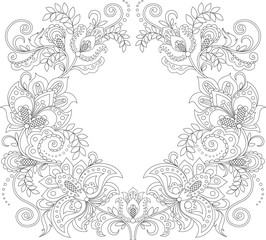 Floral frame. Floral decorative pattern. Ornament background. Adult antistress coloring page. Black and white hand drawn doodle for coloring book