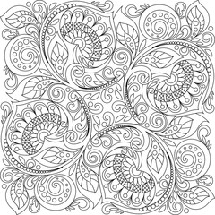 Square ornament background with hearts. Floral decorative pattern in zentangle style. Adult antistress coloring page. Black and white hand drawn doodle for coloring book