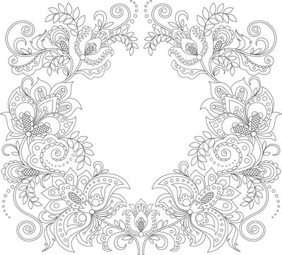 Floral frame. Floral decorative pattern. Ornament background. Adult antistress coloring page. Black and white hand drawn doodle for coloring book
