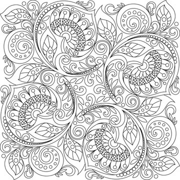 Square ornament background with hearts. Floral decorative pattern in zentangle style. Adult antistress coloring page. Black and white hand drawn doodle for coloring book